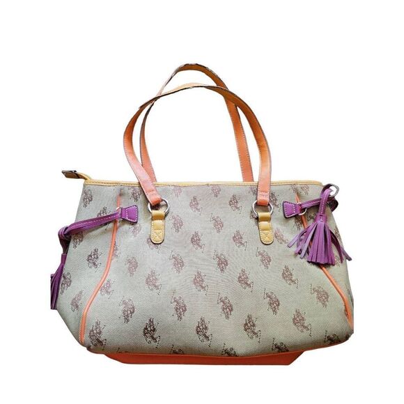 U.S. Polo Association Logo Canvas Faux Leather Tote Bag Large Colorblock - Picture 2 of 6